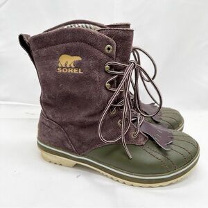 Sorel Tivoli Camp 18 Winter Snow Boots Brown Green Waterproof Womens Size 7